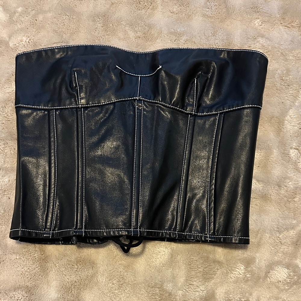 Edikted Black Faux Leather Top with White Stitching